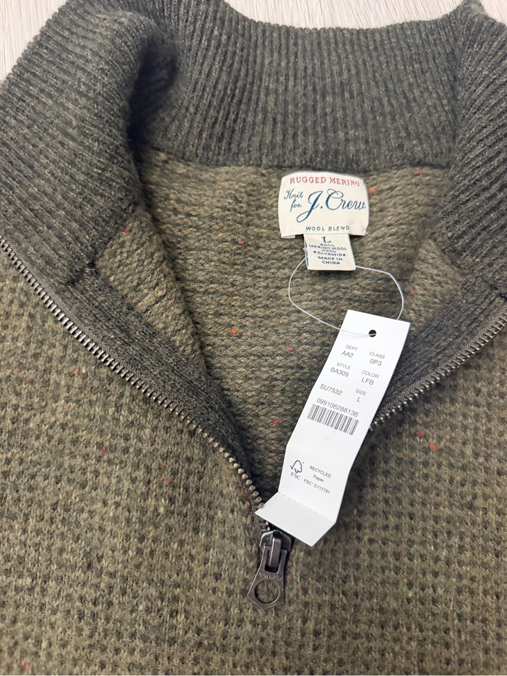 J. Crew Rugged Merino Olive Green Half-Zip Sweater wool blended